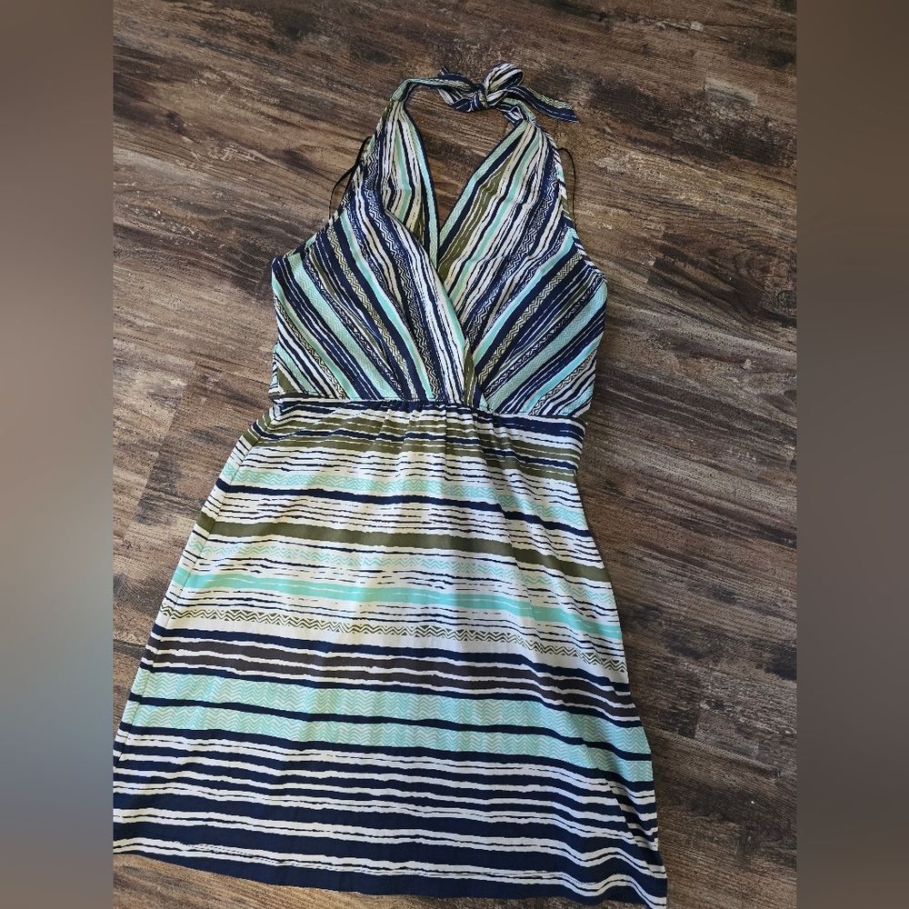 Athleta Go Anywhere Halter Dress Backless Striped Dress - Blue and Green